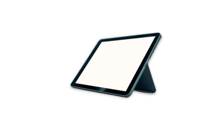 a modern tablet, propped up with a dark stand, displays a blank white screen, ready for content. its clean design emphasizes digital interaction and versatility. on a transparent, sleek device