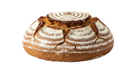 Isolated artisan sourdough bread loaf with dusted flour, showing crust and scoring details