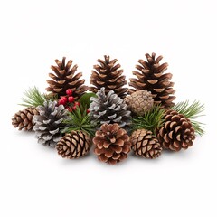 Composition of pine cones, green needles, and red berries