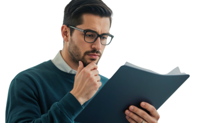 Man under intense professional strain, pinching the bridge of his nose while frowning at his laptop and a stack of overflowing documents, isolated with a transparent background to emphasize concepts