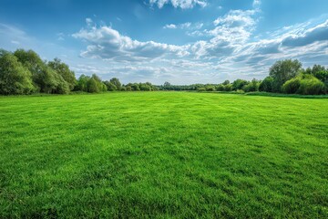 Vibrant Green Field Under a Blue Sky with Scattered Clouds