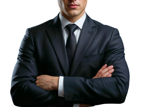 a professional man in a sharp dark suit, white shirt, and black tie stands with his arms crossed, exuding confidence and authority. his posture suggests a strong, decisive presence, ideal for business
