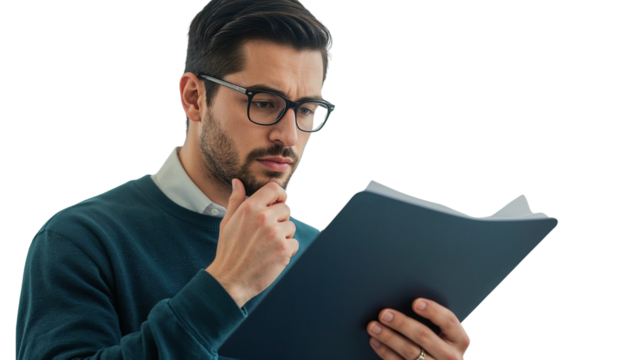 Man under intense professional strain, pinching the bridge of his nose while frowning at his laptop and a stack of overflowing documents, isolated with a transparent background to emphasize concepts - Powered by Adobe
