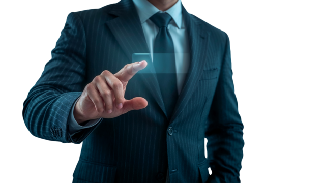 businessman in a dark suit touching a glowing blue futuristic virtual screen or button with his index finger, representing interaction with advanced technology and digital interfaces, transparent back