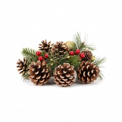 Fototapeta premium Composition of pine cones, green needles, and red berries