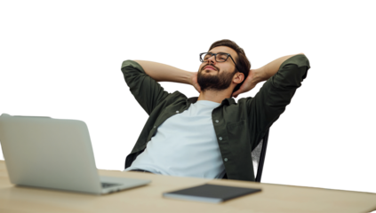a relaxed man leans back in his chair, eyes closed, hands behind his head. digital devices on the desk in front of him. transparent background depicts moment of rest, contemplation, satisfaction
