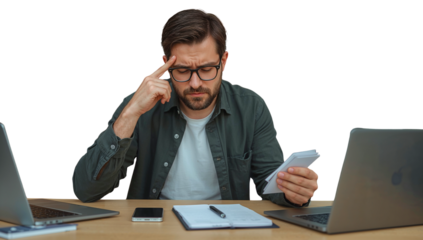 a man with glasses, looking stressed, sits at a desk, rubbing his forehead while examining a small notepad, smartphone, laptop captures intense concentration or problem-solving, with ample copy space.