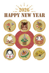 【HAPPY NEW YEAR 2026】洋風な午年年賀状_縁起物アイコン9種
