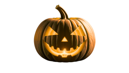 Halloween jack-o'-lantern with a sinister carved grin and glowing amber light from within, isolated with transparent background for effortless integration into spooky digital projects, festive decor