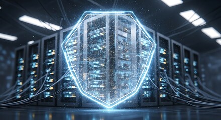 Futuristic digital shield glowing protectively over a server room cyber security concept