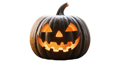 carved halloween jack-o'-lantern with a sinister smile and warm inner glow, standing isolated on a white backdrop with a transparent background option, ideal for digital holiday bg