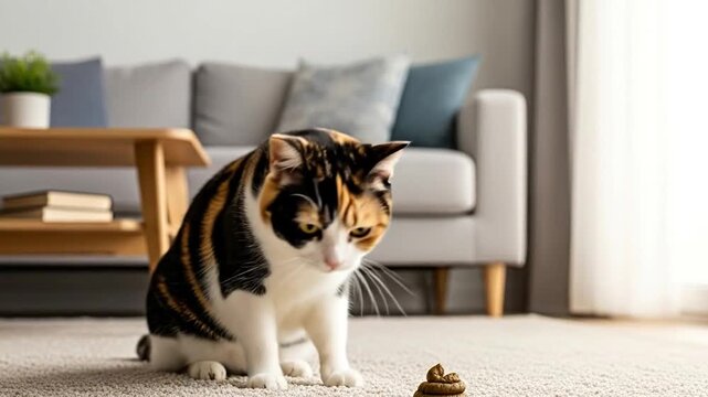 Guilty cat looking at poop with surprise in modern living room, funny pet moment