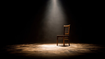 actor. An empty theater stage with a single wooden chair under a solitary spotlight. event programs, museum guides, designed for cultural heritage projects and event programs, preserves heritage.