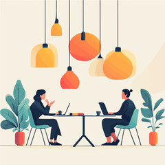 Modern business meeting flat illustration with people discussing, pastel color palette. 
