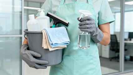 Cleaning professional prepares supplies to maintain a tidy workplace in a modern office setting