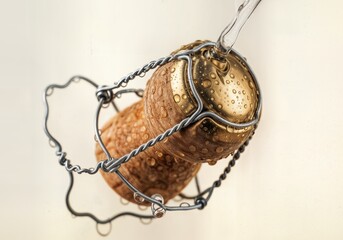 Champagne cork covered in condensation droplets macro closeup on light background festive New Year celebration and party concept