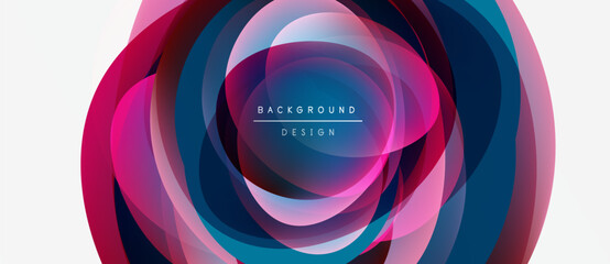Abstract layers create vibrant circular design. Pink, blue, teal hues blend, forming modern background element. Text reads background design.