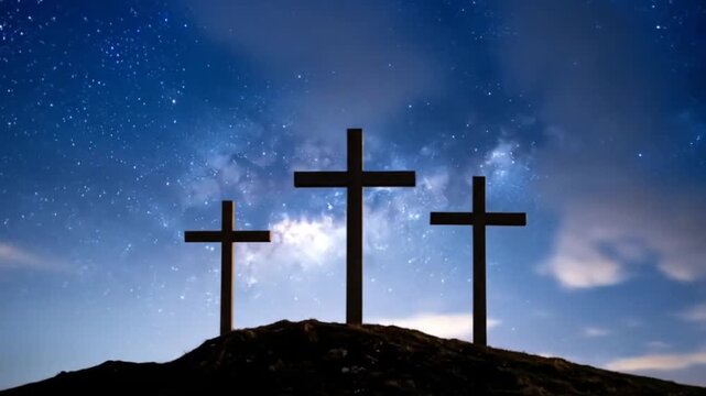 Three Crosses on Hilltop Under Milky Way