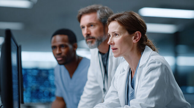Dedicated medical team collaborating, focused on a computer screen in a modern facility. Signifies teamwork, expertise, and technological advancement in healthcare.