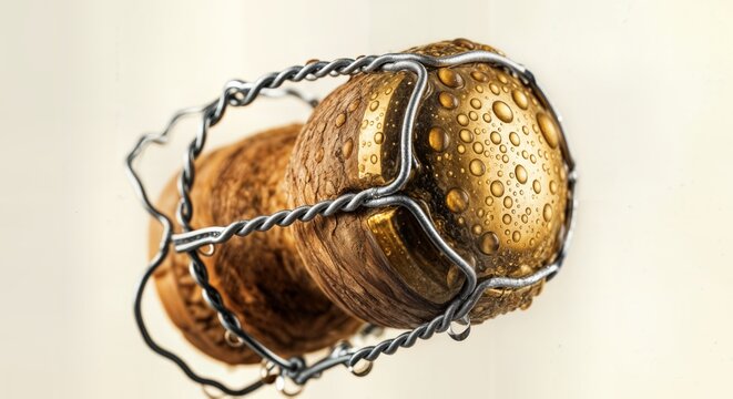 Champagne cork covered in condensation droplets macro closeup on light background festive New Year celebration and party  concept