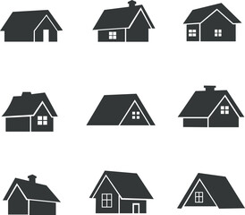 Collection of nine distinct house and cabin architectural styles as dark silhouettes on a white background silhouette