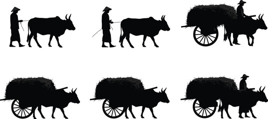 Traditional ox cart farming silhouettes with farmers, hay transport, agriculture labor, rural lifestyle, village work, countryside culture, vintage vector illustration