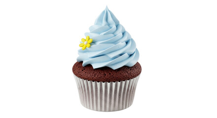 Isolated cupcake with light blue icing and small yellow flower, decadent dessert with frosting