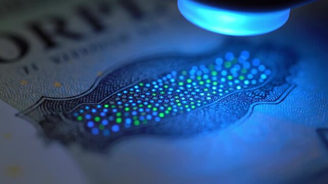 Close-up of a paper surface, with a blue light illuminating a pattern of colorful dots