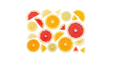 Isolated assortment of sliced and whole citrus fruits including oranges, lemons and grapefruits