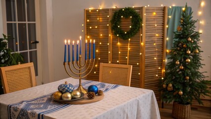 hanukkah table setting Cozy holiday dining setup with a menorah, decorations, and a Christmas tree.