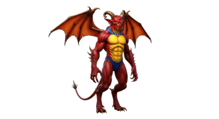 Isolated Red Demon with Wings Standing Tall, Fiery and Powerful, Fantasy Creature Art