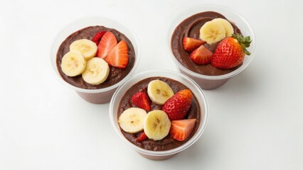 kids food allergy friendly Delicious chocolate mousse topped with fresh strawberries and bananas in clear cups.
