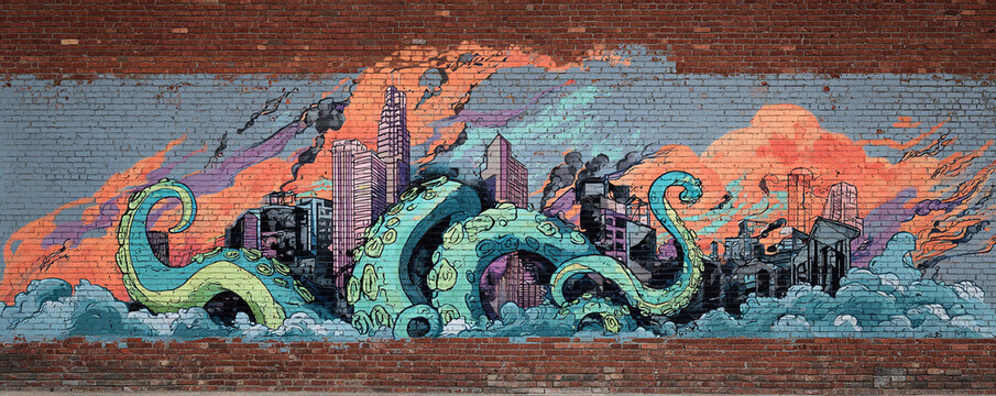 Urban art depicting a giant octopus attacking a city, painted on a brick wall. Vibrant colors, dynamic composition. Metaphor for chaos, change, or environmental themes.