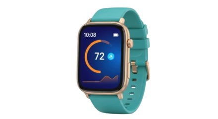 Isolated smart wrist wearable tech displaying heart rate, notifications, and battery life