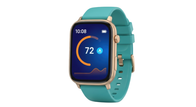 Isolated smart wrist wearable tech displaying heart rate, notifications, and battery life