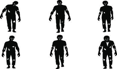 Zombie silhouettes in various poses on white background, horror-themed vector illustration for Halloween, undead character design in black style.