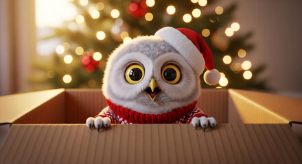Cute anthropomorphic baby owl in a santa hat and sweater peeking out of a box on christmas