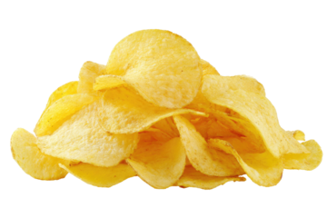 Pile of crispy, golden, thinly sliced potato chips. A snack with crinkled edges and a simple look