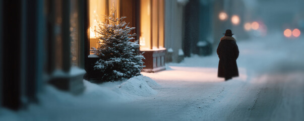 Serene winter night scene. A lone figure walks past a warmly lit storefront with a snowcovered tree, evoking feelings of solitude and holiday spirit.