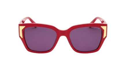 Isolated vibrant red oversized sunglasses with gold accents for sun protection apparel