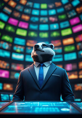 Professional anthropomorphic badger in a suit standing in a futuristic media control room with a video wall