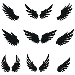 Collection of nine distinct black angel wings silhouettes in various poses and styles
