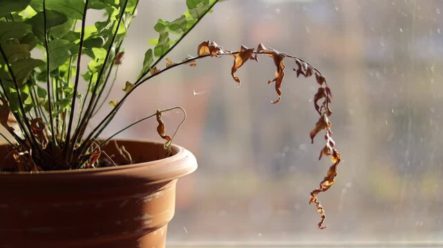 Potted fern with dying frond in soft light near a window indoors