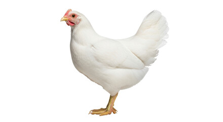 Isolated bird is a white chicken with pink head on a light background and a calm look