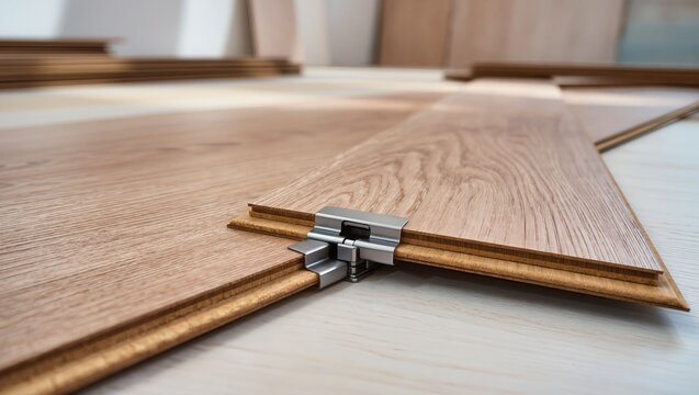 Close-up of laminate flooring installation, two wood-textured planks connecting with click-lock mechanism on light subfloor, illustrating DIY flooring and home renovation