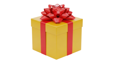 Isolated festive yellow gift box with a red bow on top as present for any holiday occasion