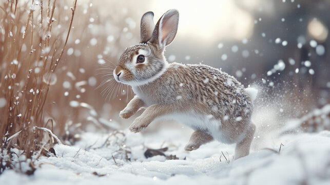 Rabbit jumping through snow in winter landscape with soft light   - Powered by Adobe