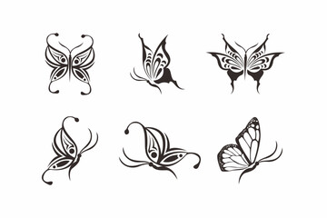 Obraz premium Elegant collection of stylized butterfly tattoo designs. Set of six black and white ornamental insect graphics suitable for SVG vector art