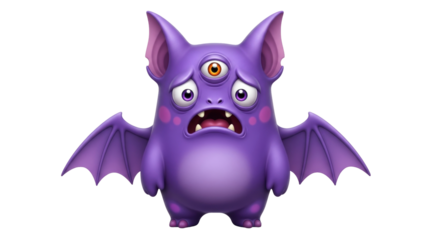 Isolated cartoon purple monster with three eyes and wings, looking anxious or sad, fun character