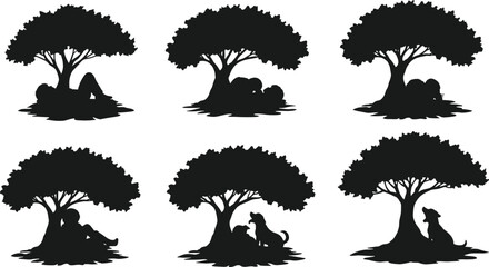 Tree silhouettes with people and animals relaxing, companionship, solitude, friendship, love, and nature vector illustration for lifestyle, family, and outdoor themes